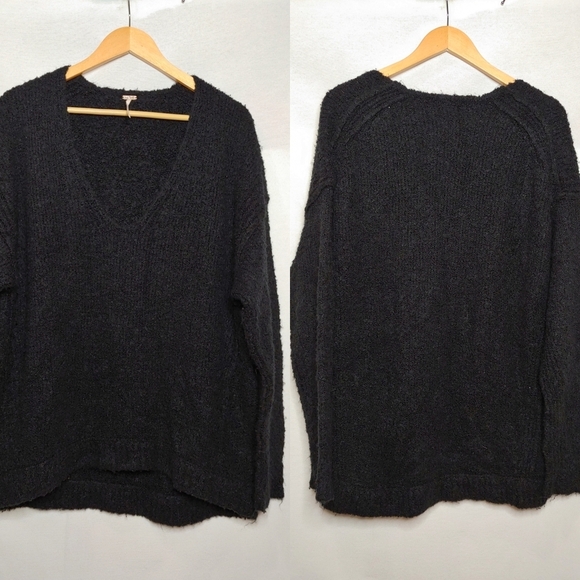 Free People Lofty VNeck Sweater Oversized Nubby Knit Black Alpaca Blend XS - Picture 1 of 10